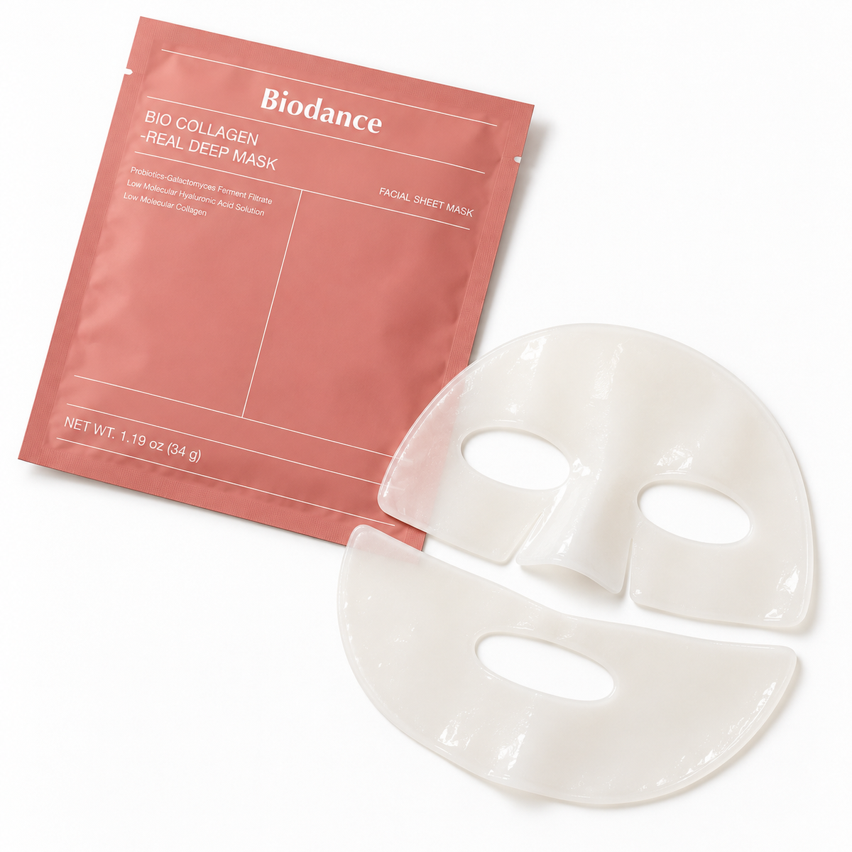 Two-piece hydrogel mask next to its pouch