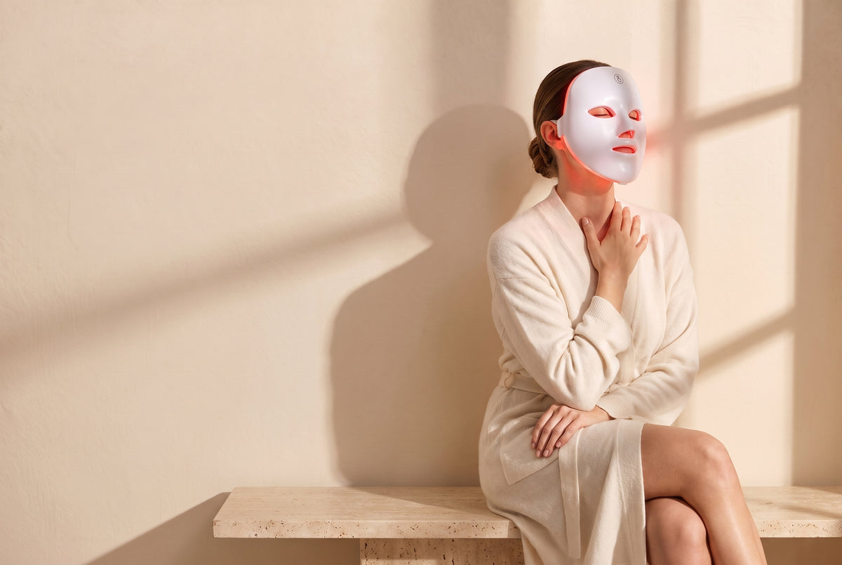 Woman relaxing on a travertine bench wearing a glowing red LED face mask