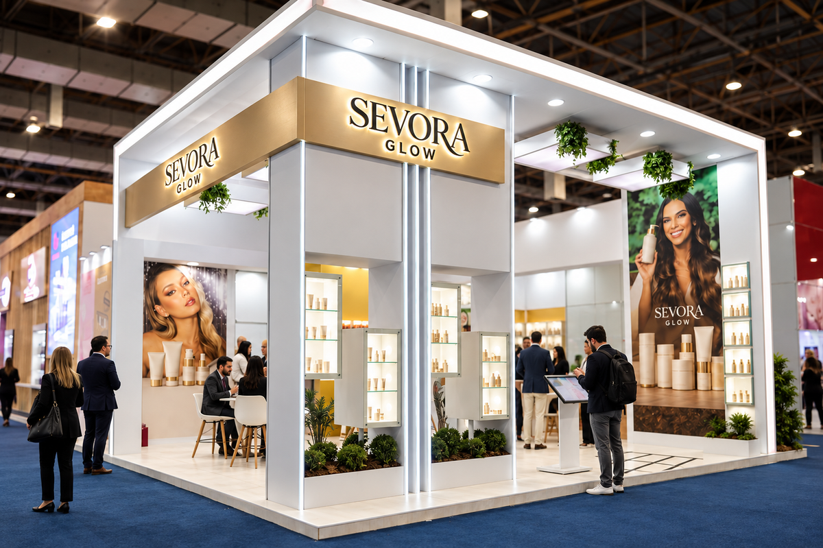 Sevora Glow brand stand with gold signage, illuminated product shelves and campaign posters
